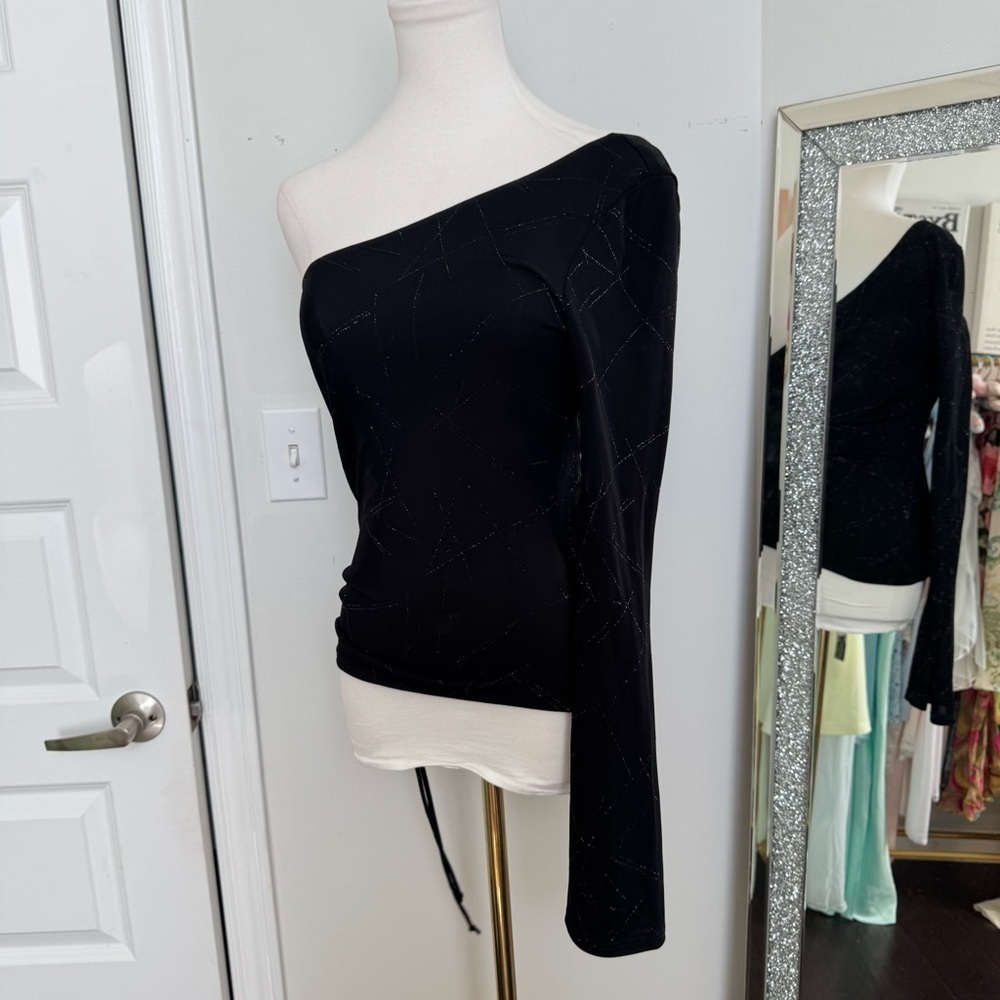 One-shoulder vintage black glitter top Y2K evening glam whismygoth witchy M - Picture 4 of 8
